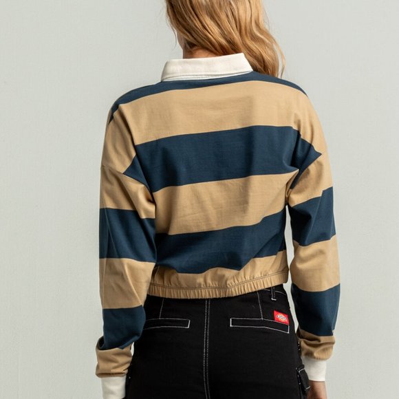 Dickies Cinch Collared Polo Tee Crop Top Yellow Blue Elastic Bottom 100% Cotton - Picture 3 of 12